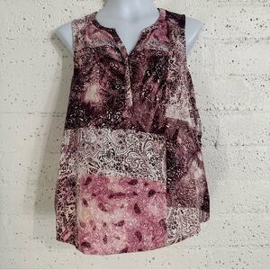 Sonoma Womens Top M Red Pink Paisley Floral Sleeveless 100% Rayon Y Neck AX8